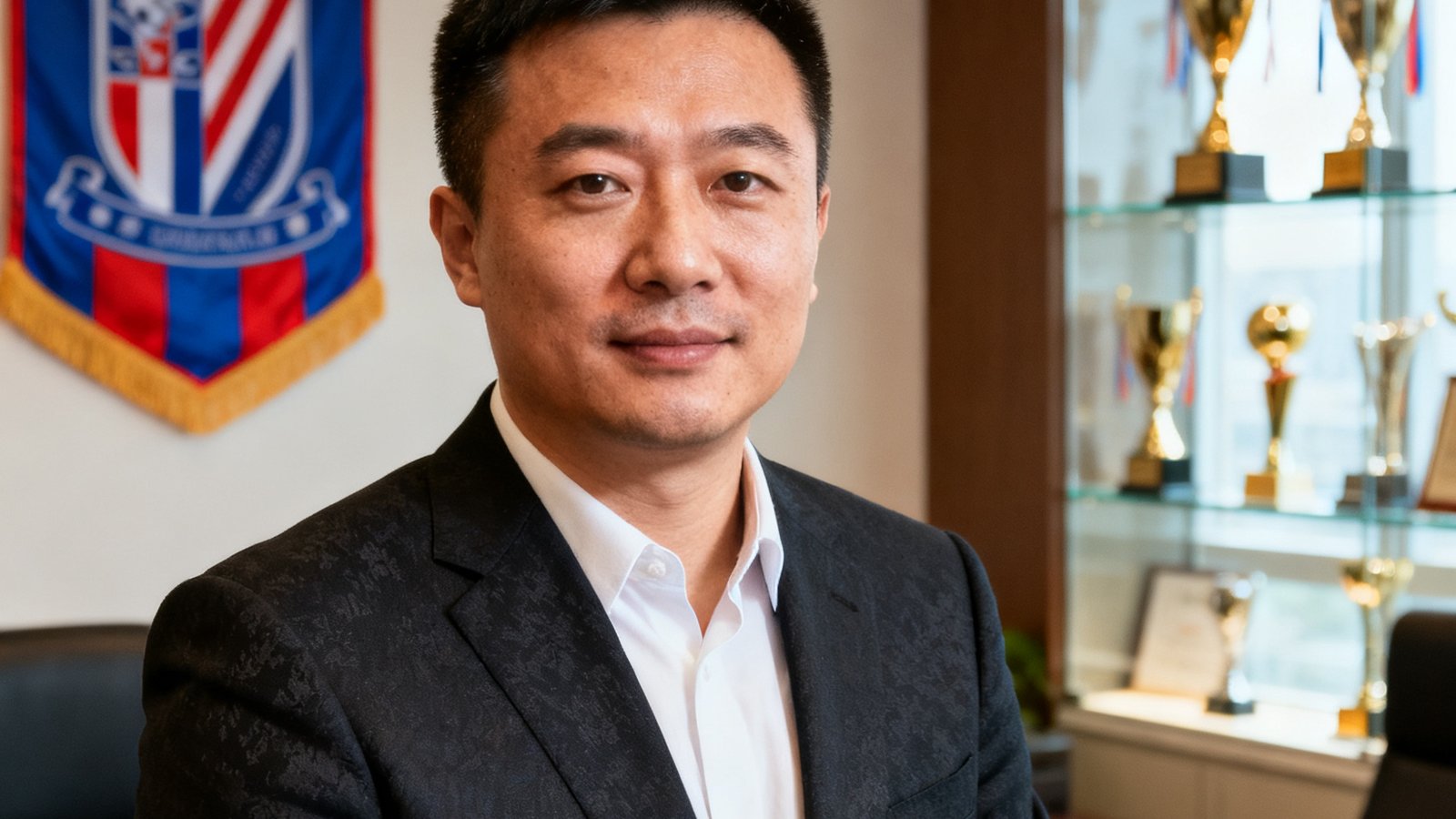 球迷网创始人兼CEO张明远身着深色西装在办公室内的半身正装照，背景是球队旗帜和奖杯展示柜