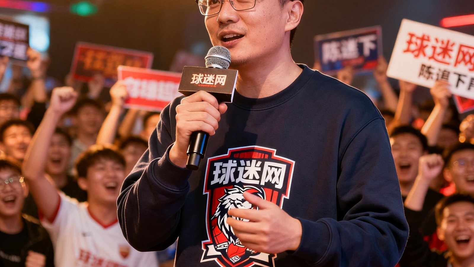 社区运营负责人陈浩在球迷线下活动中手持麦克风发言，穿着球迷网定制卫衣，背景是热情的球迷人群